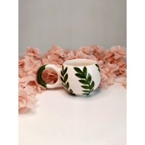 Yeşil Yaprak Desenli El Yapımı Seramik Kupa